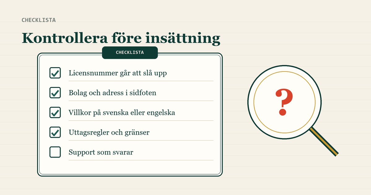 Checklista med bockar och förstoringsglas över en licensrad